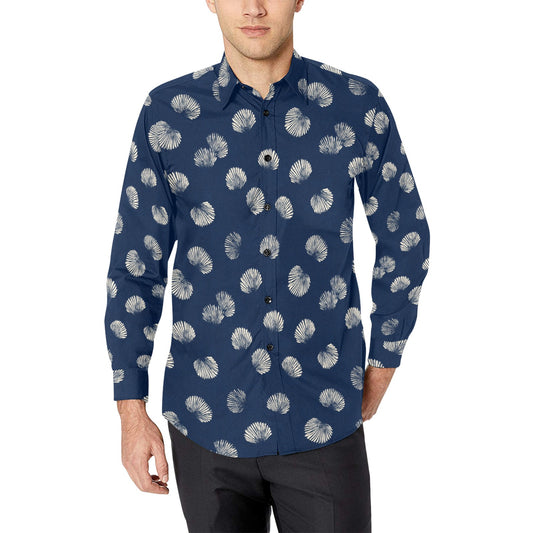 Navy Blue Sea Shells Long Sleeve Men Button Up Shirt, Ocean Dark Print Dress Buttoned Collar Casual Male Guy Plus Size Buttoned Shirt