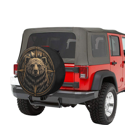 Grizzly Bear Compass Spare Tire Cover, Wilderness Unique Rear Extra Wheel RV Camper Back Camera Hole Car Auto Outdoor Adventurous Trailer