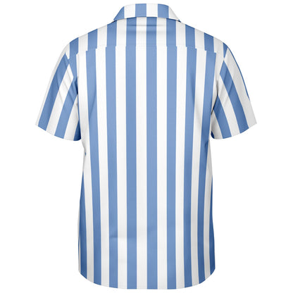 Blue White Striped Men Button Down Shirt, Beach Spread Collar Short Sleeve Guys Casual Print Buttoned Up Plus Size Unisex