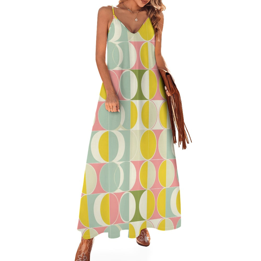 Mid Century Modern Maxi Dress, 60s 1960s Vintage Retro Long Spaghetti Straps Women Sleeveless Casual Designer Elegant Plus Size Cocktail 5XL / White
