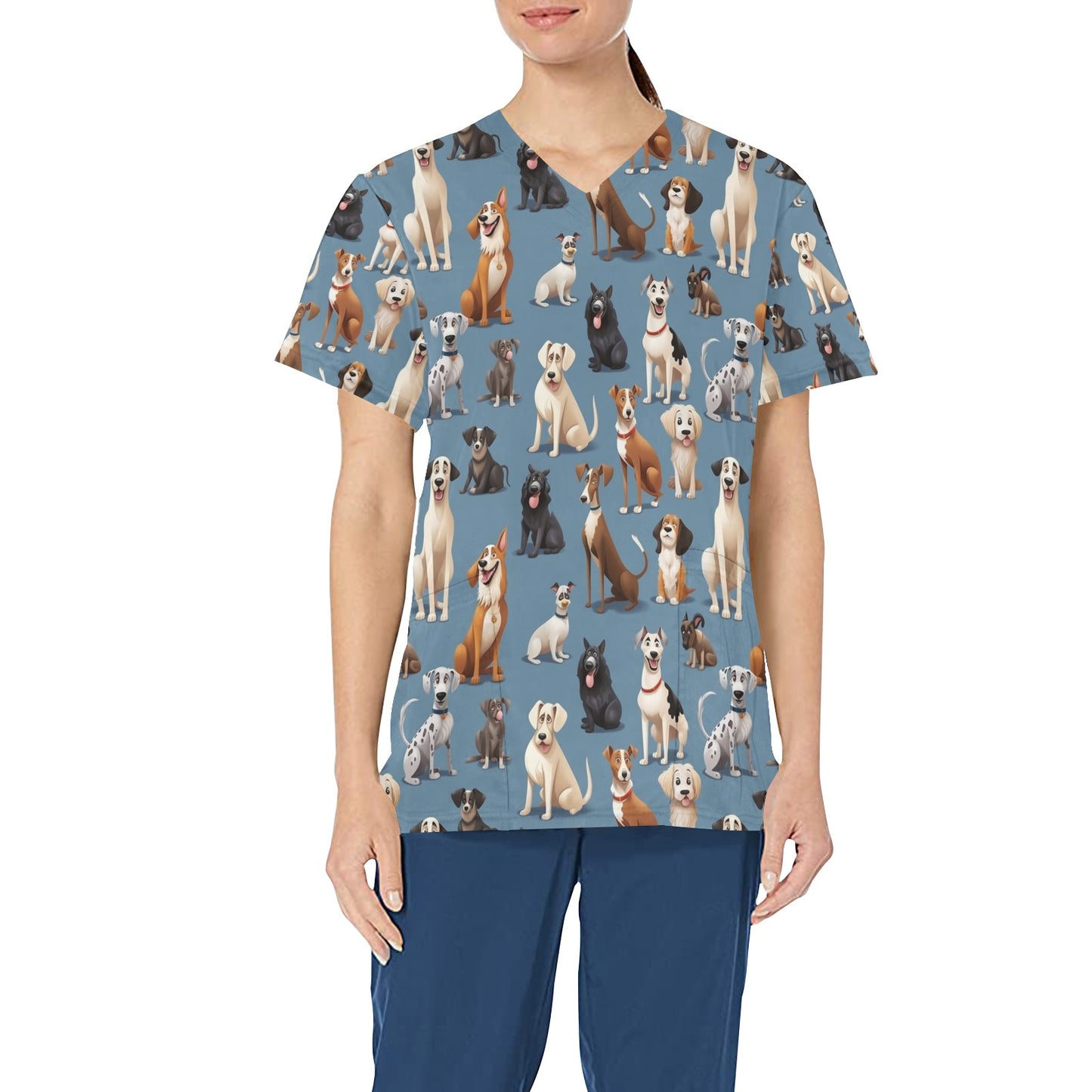 Dog Breed Medical Scrubs Top Women, Pet Animal Grooming Clinic Ladies Female Plus Size Nursing Nurse Vet Veterinary Hospital Uniform Pockets