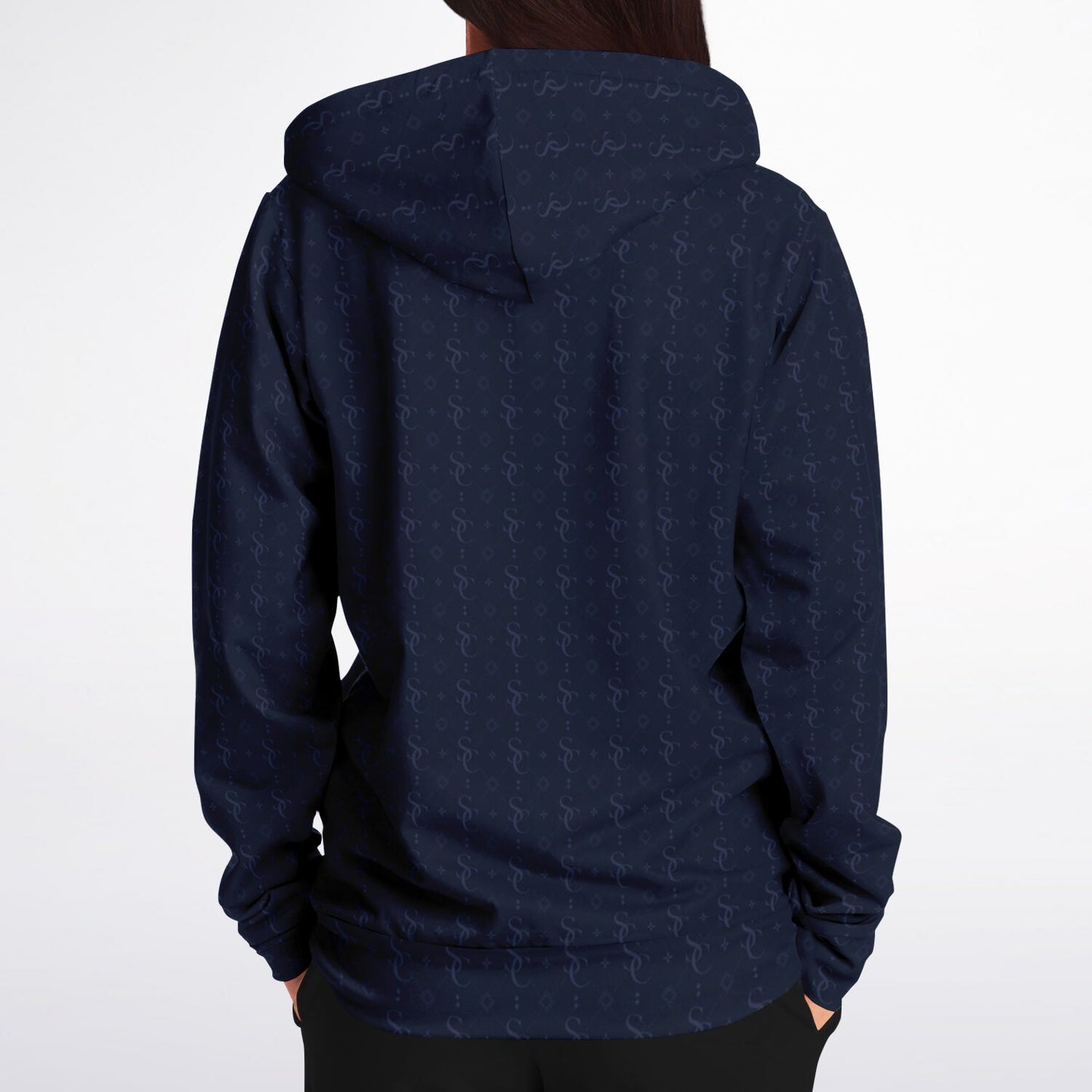 Navy Blue Zip Up Hoodie, Geometric Monogram Pattern Full Zipper Pocket Men Women Unisex Aesthetic Graphic Cotton Fleece Hooded Sweatshirt - Starcove Fashion