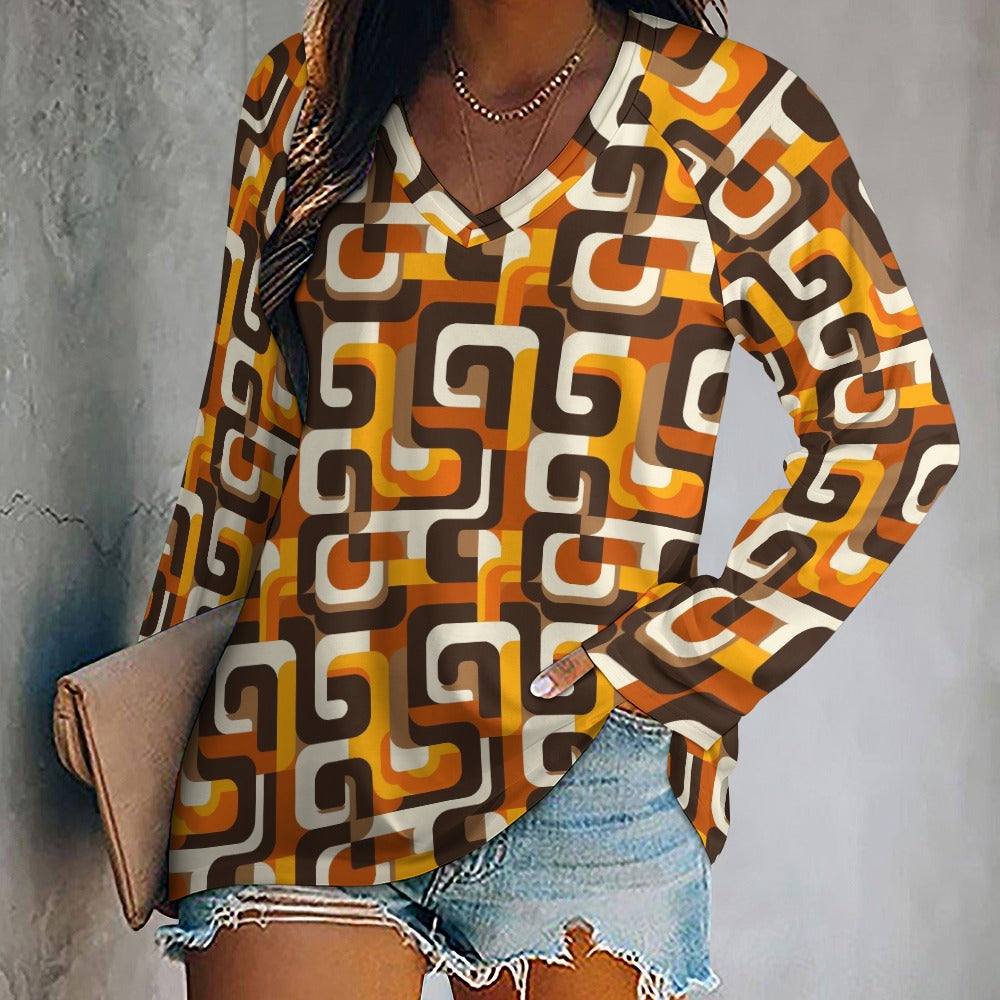 70s Geometric Women Long Sleeve Tshirt loose fit, Brown Orange Vintage Retro Relaxed V-neck Designer Aesthetic Ladies Female Tee Top Shirt