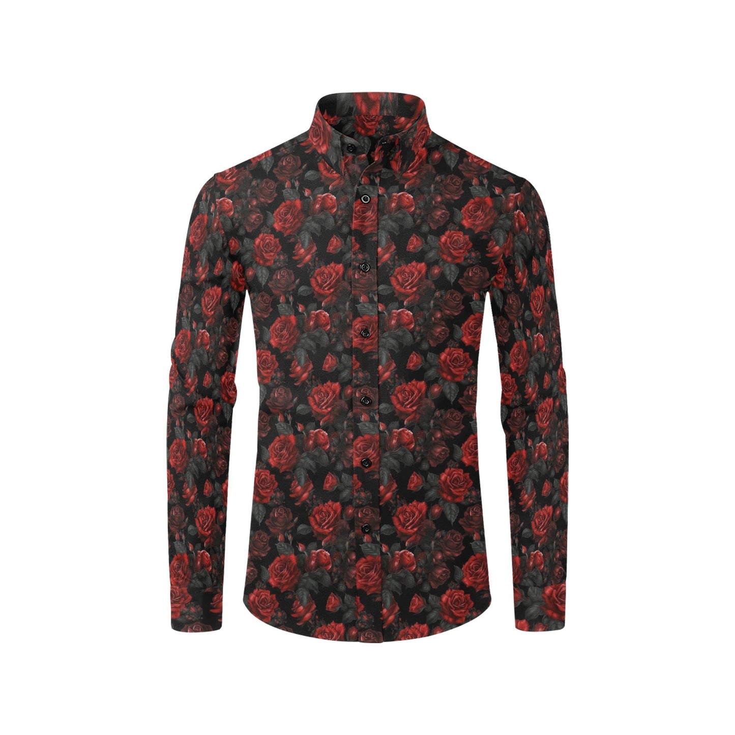 Red Rose Long Sleeve Men Button Up Shirt, Flowers Print Casual Buttoned Collared Designer Dress Shirt with Chest Pocket Guys Male