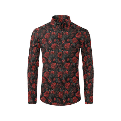 Red Rose Long Sleeve Men Button Up Shirt, Flowers Print Casual Buttoned Collared Designer Dress Shirt with Chest Pocket Guys Male
