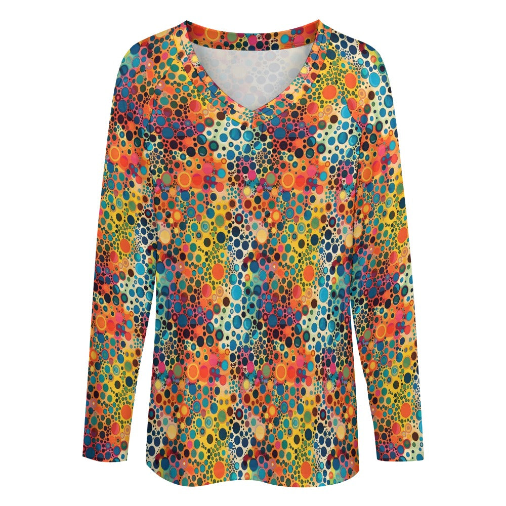 Psychedelic Women Long Sleeve Tshirt loose fit, Colorful Trippy Retro Relaxed V-neck Designer Graphic Festival Ladies Female Tee Top Shirt - Starcove Fashion