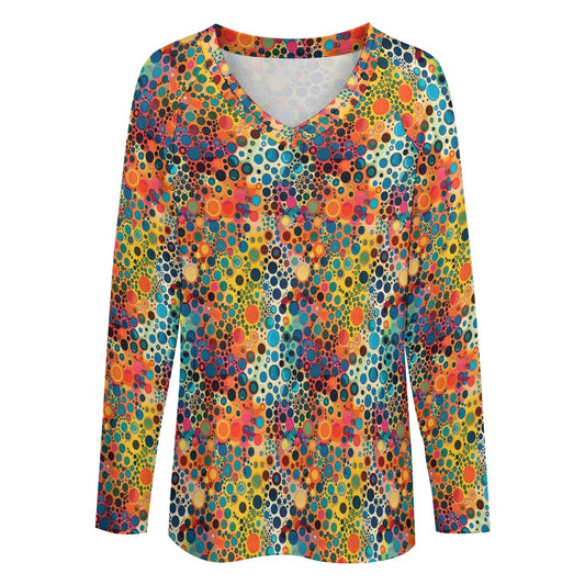 Psychedelic Women Long Sleeve Tshirt loose fit, Colorful Trippy Retro Relaxed V-neck Designer Graphic Festival Ladies Female Tee Top Shirt - Starcove Fashion