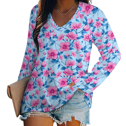 Pink Blue Floral Women Long Sleeve Tshirt loose fit, Flowers Botanical Relaxed V-neck Designer Graphic Aesthetic Ladies Female Tee Top Shirt - Starcove Fashion