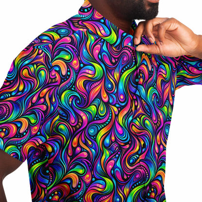 Psychedelic Men Button Up Shirt, Vibrant Trippy Funky Festival Short Sleeve Print Casual Buttoned Down Summer Male Guys Collared Designer - Starcove Fashion