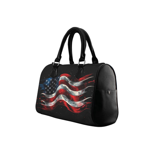 American Flag Handbag, Patriotic USA Red White Blue Abstract Print Canvas Leather Top Handle Barrel Boston Designer Women Ladies Purse Bag - Starcove Fashion