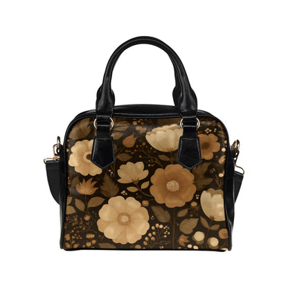 Brown Floral Purse, Flowers Fall Autumn Retro Pattern Cute Small Shoulder Zip Bag Vegan Leather Women Designer Handbag Crossbody Ladies
