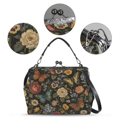 Monarch Butterfly Flowers Kiss Lock Purse Handbag, Floral Retro Print Vegan Leather Vintage Designer Shoulder Crossbody Top Handle Clasp Bag