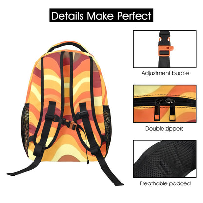 Orange Yellow Backpack, Groovy Striped 70s Men Women Kids Gift School College Cool Waterproof Side Pockets Laptop Designer Aesthetic Bag