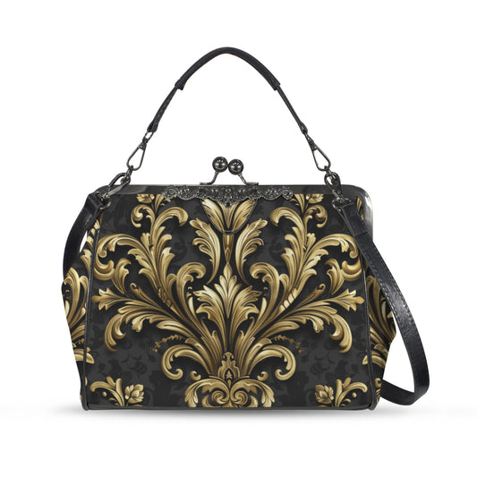 Baroque Kiss Lock Purse Handbag, Retro Black Ornate Gold Print Vegan Leather Vintage Designer Shoulder Crossbody Top Handle Clasp Bag