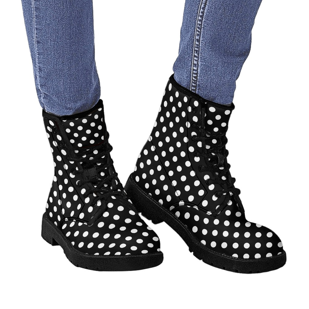 Polka Dots Leather Boots, Black White Retro Vintage Lace Up Shoes Hiking Women Men Female Festival Ankle Combat Work Winter Casual Custom