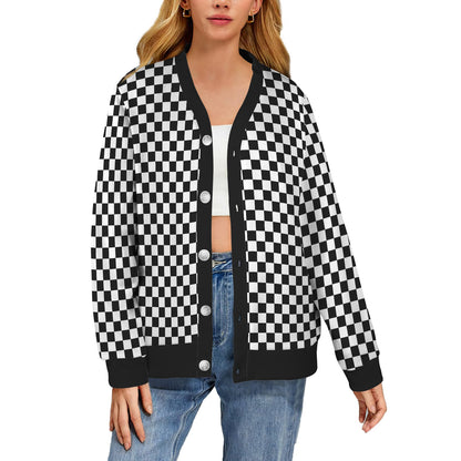 Checkered Cardigan Women, Black white Check Checkerboard Sweatshirt Sweater Long Sleeve Plus Size V Neck Lightweight Button Up Designer