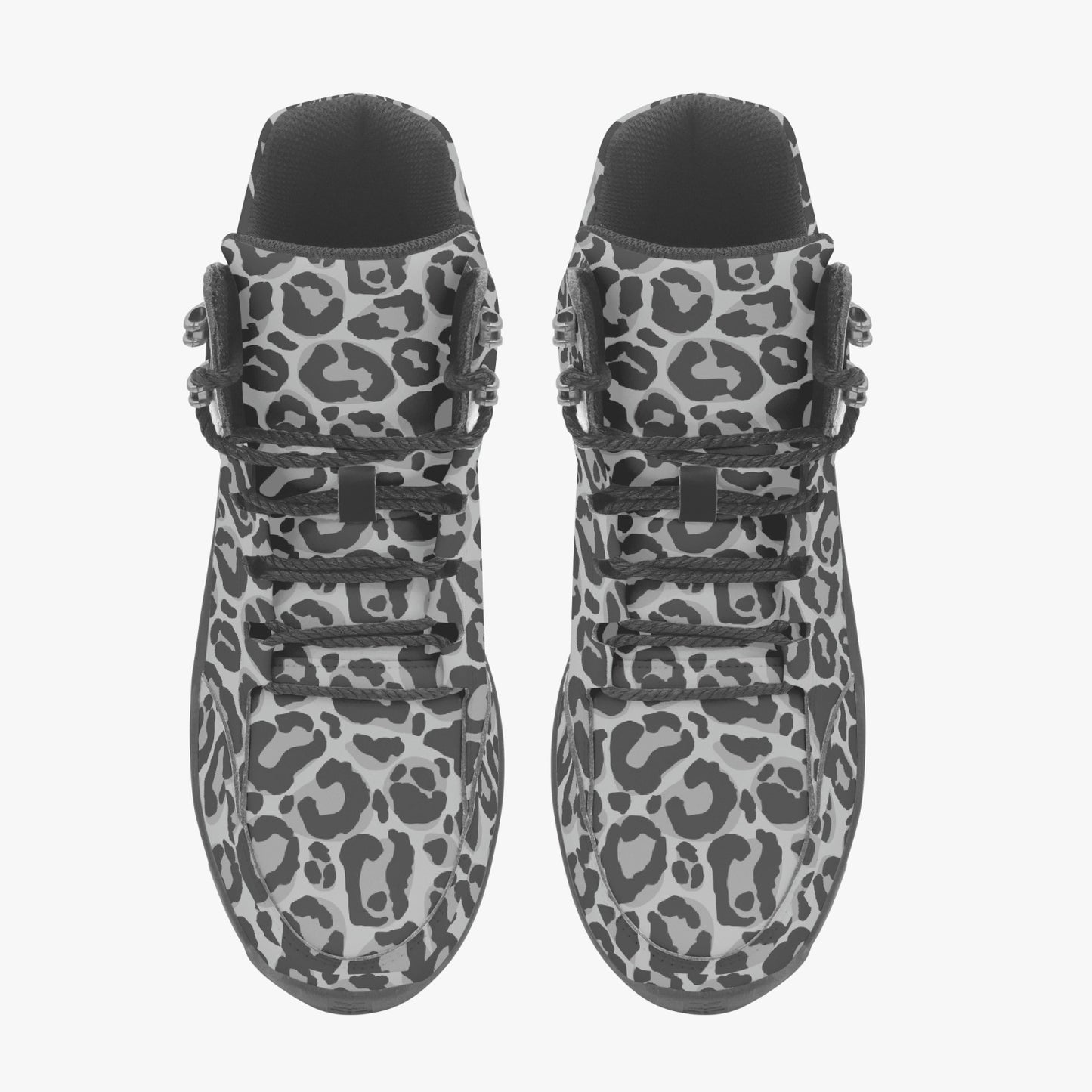 Grey Leopard Hiking Leather Boots, Gray Animal Cheetah Print Men Women Lace Up Walking Hunting Rubber Shoes Print Ankle Winter Casual Work