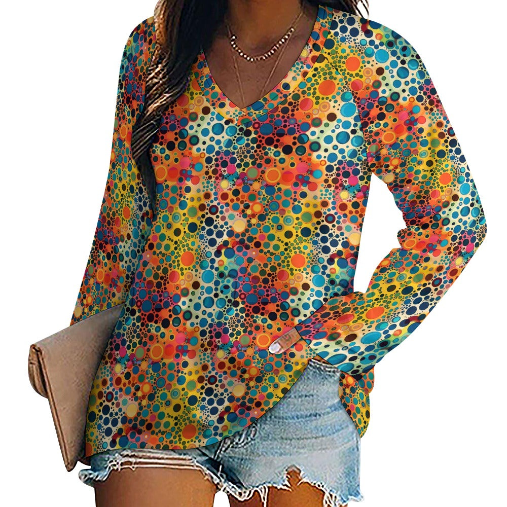 Psychedelic Women Long Sleeve Tshirt loose fit, Colorful Trippy Retro Relaxed V-neck Designer Graphic Festival Ladies Female Tee Top Shirt - Starcove Fashion