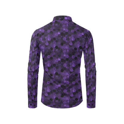 Black Purple Long Sleeve Men Button Up Shirt, Hexagonal Two Tone Combo Print Buttoned Collared Casual Dress Chest Pocket Guys Plus Size