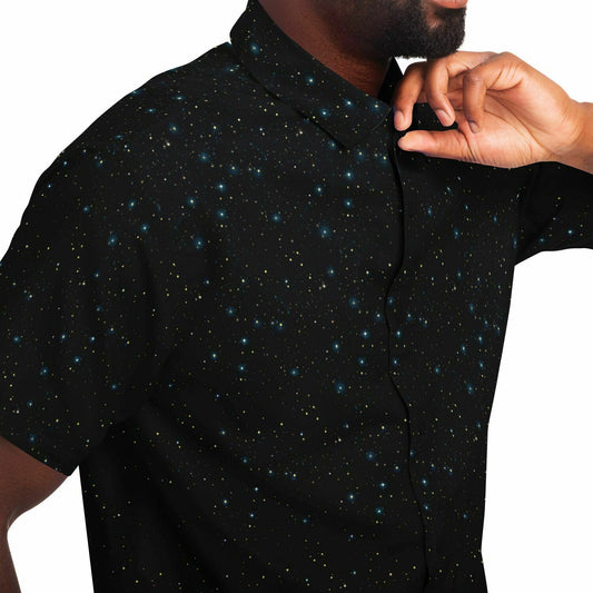 Constellation Men Button Up Shirt, Space Galaxy Universe Stars Short Sleeve Print Casual Buttoned Down Summer Guys Collared Designer Dress