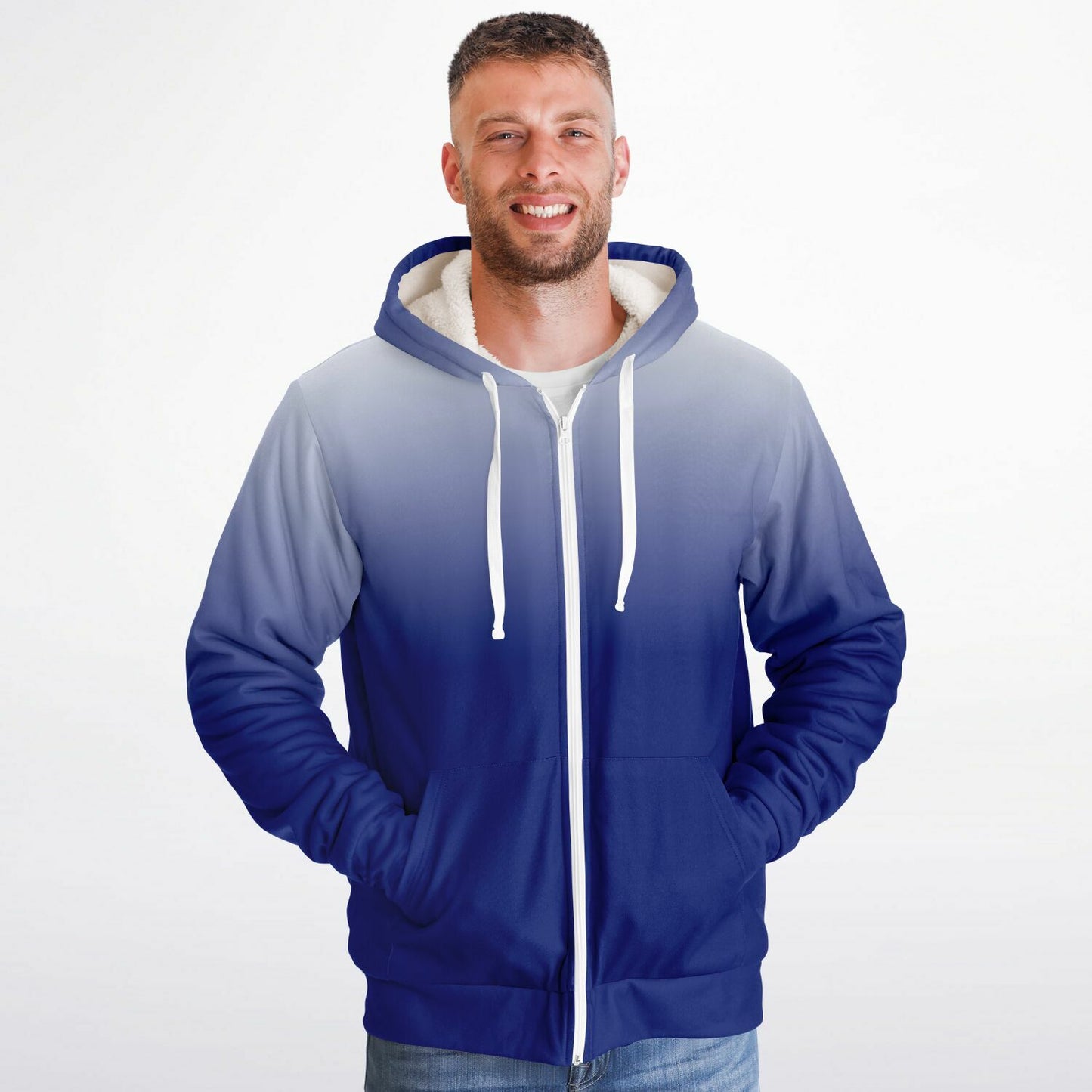 Blue White Ombre Zip Up Fleece Lined Hoodie, Tie Dye Gradient Heavyweight Full Zipper Pocket Men Women Unisex Hooded Sweatshirt Jacket