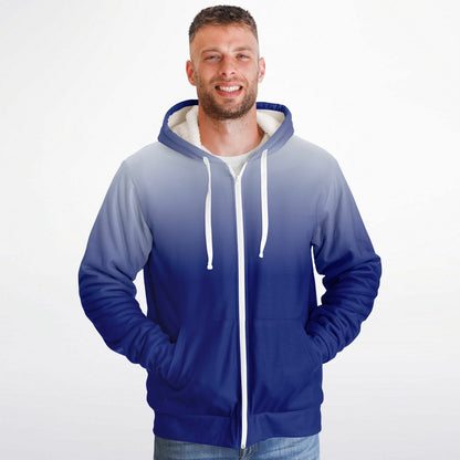 Blue White Ombre Zip Up Fleece Lined Hoodie, Tie Dye Gradient Heavyweight Full Zipper Pocket Men Women Unisex Hooded Sweatshirt Jacket