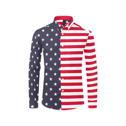 American Flag Men Button Up Shirt, Patriotic Stars Stripes Red White Long Sleeve Buttoned Down Collar Male Guys Casual Dress Chest Pocket