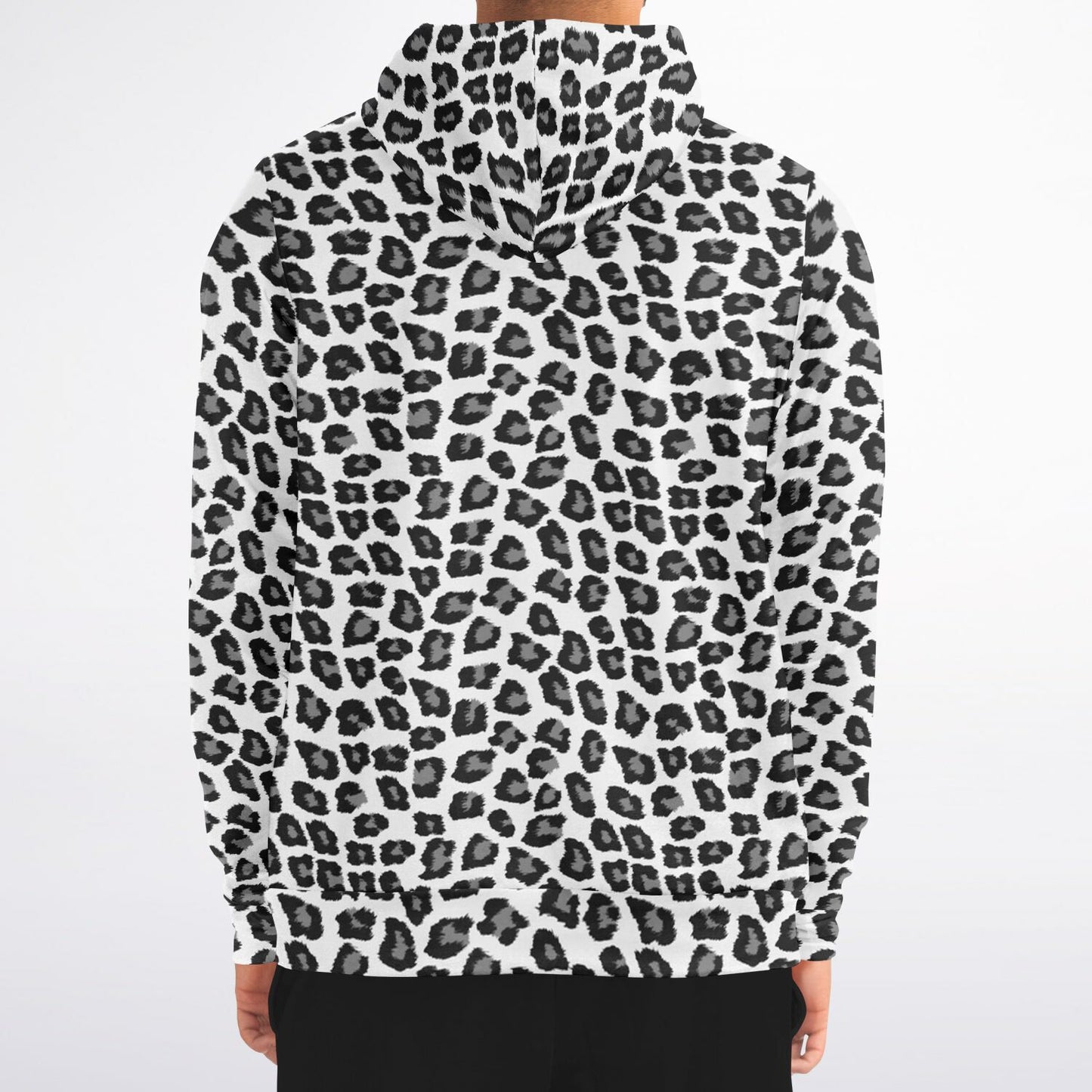 Snow Leopard Zip Up Hoodie, Black White Animal Print Full Zipper Pocket Men Women Unisex Adult Graphic Cotton Fleece Hooded Sweatshirt