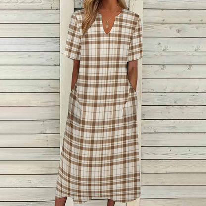 Brown Off White Plaid Women Maxi Dress, Tartan Check V-Neck Short Sleeve Evening Cocktail Ladies Handmade Designer Plus Size Outfit Pockets