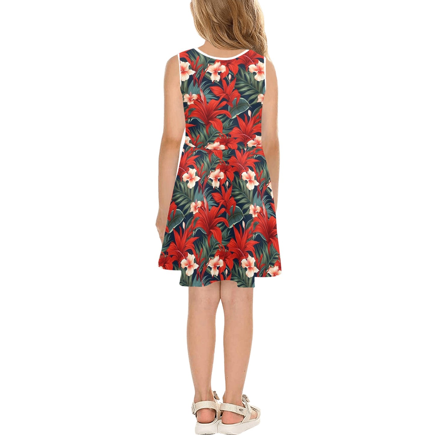 Red Tropical Floral Midi Girls Dress, Flowers Kids Sleeveless Sundress Casual Cute Designer Children Elegant Cocktail Party Summer Designer