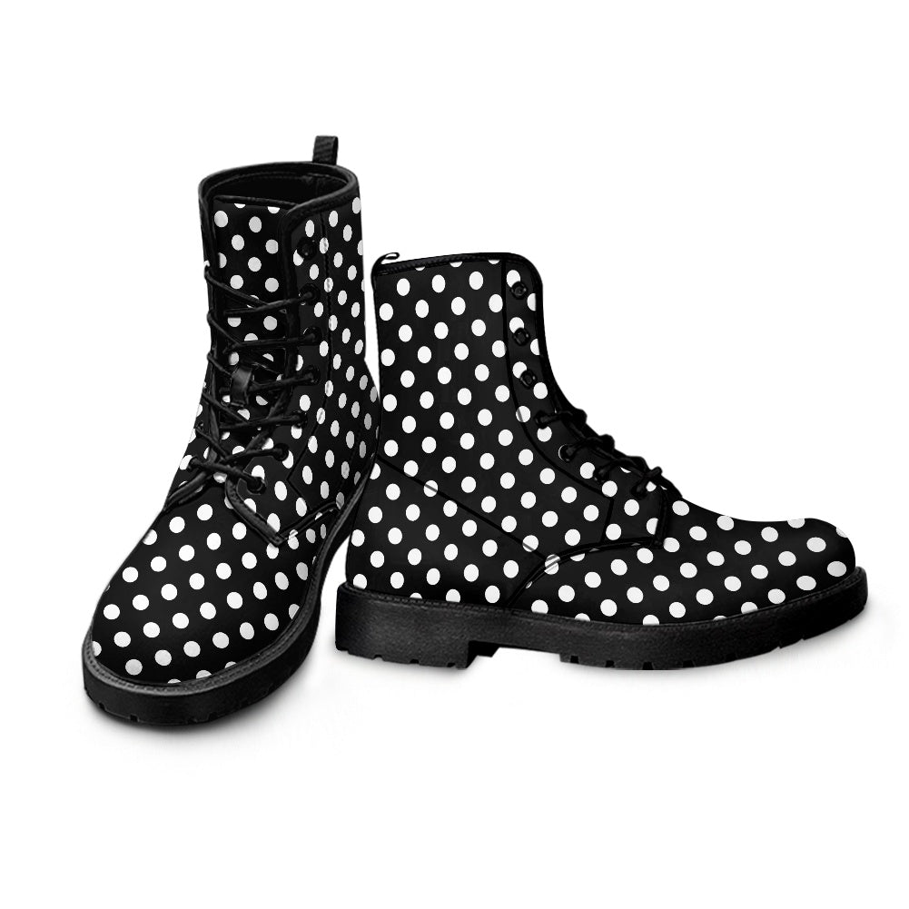 Polka Dots Leather Boots, Black White Retro Vintage Lace Up Shoes Hiking Women Men Female Festival Ankle Combat Work Winter Casual Custom