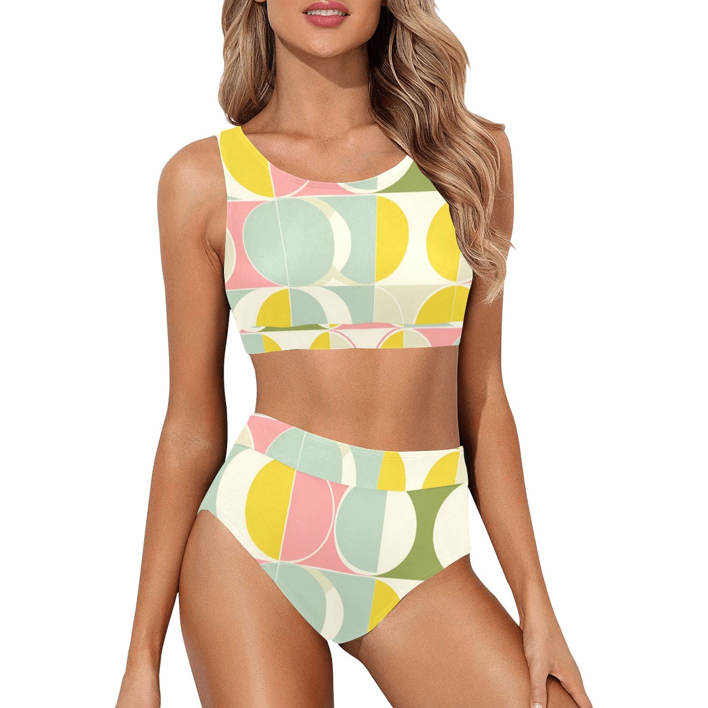 Mid Century Modern Sports Bikini Set, Yellow Retro Vintage High Waisted Cheeky Bottom Crop Halter Top Swimsuits Women Padded Festival
