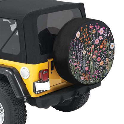 Wild Flowers Spare Tire Cover, Faux Embroidery Pastel Printed Grassy Botanicals Floral Wheel Unique Backup Camera Hole Trailer Back Women RV - Starcove Fashion