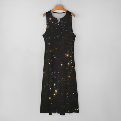 Galaxy Maxi Sleeveless Dress, Night Sky Print Black Space Star Constellation Fantasy Party Handmade Celestial Women Ladies Cocktail Pockets - Starcove Fashion