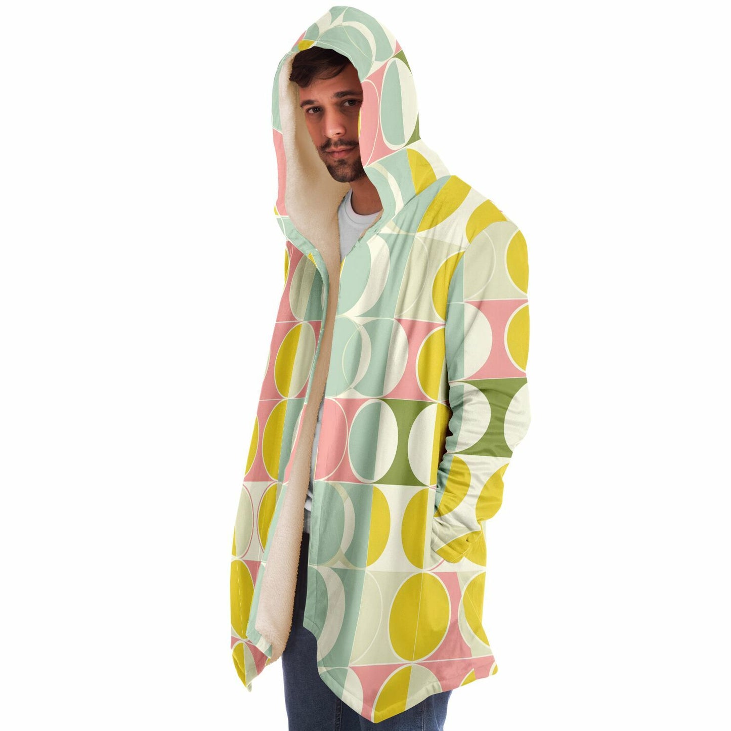 Mid Century Modern Hooded Cloak, Geometric Retro Vintage Coat Men Women Male Ladies Winter Warm Mink Fleece Blanket Wearable Cape