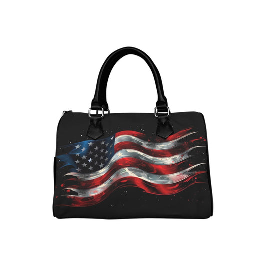 American Flag Handbag, Patriotic USA Red White Blue Abstract Print Canvas Leather Top Handle Barrel Boston Designer Women Ladies Purse Bag - Starcove Fashion