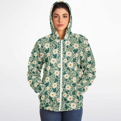 Daisy Zip Up Fleece Lined Hoodie, Floral Green Flowers Sherpa Heavyweight Full Zipper Pocket Men Women Unisex Hooded Sweatshirt Jacket