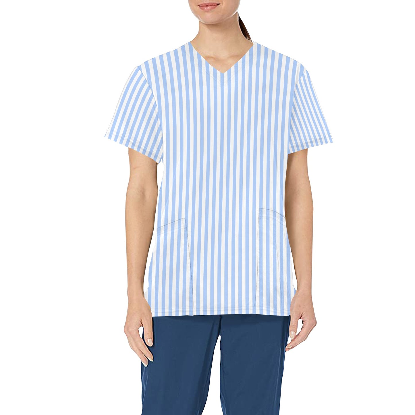 Light Blue Striped Medical Scrubs Top Women, Vertical Stripe Ladies Female Plus Size Nursing Nurse Vet Veterinary Assistant Uniform Pockets