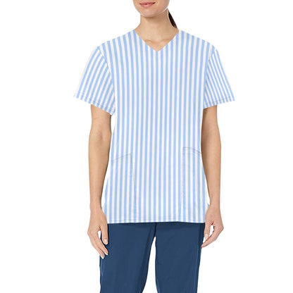 Light Blue Striped Medical Scrubs Top Women, Vertical Stripe Ladies Female Plus Size Nursing Nurse Vet Veterinary Assistant Uniform Pockets