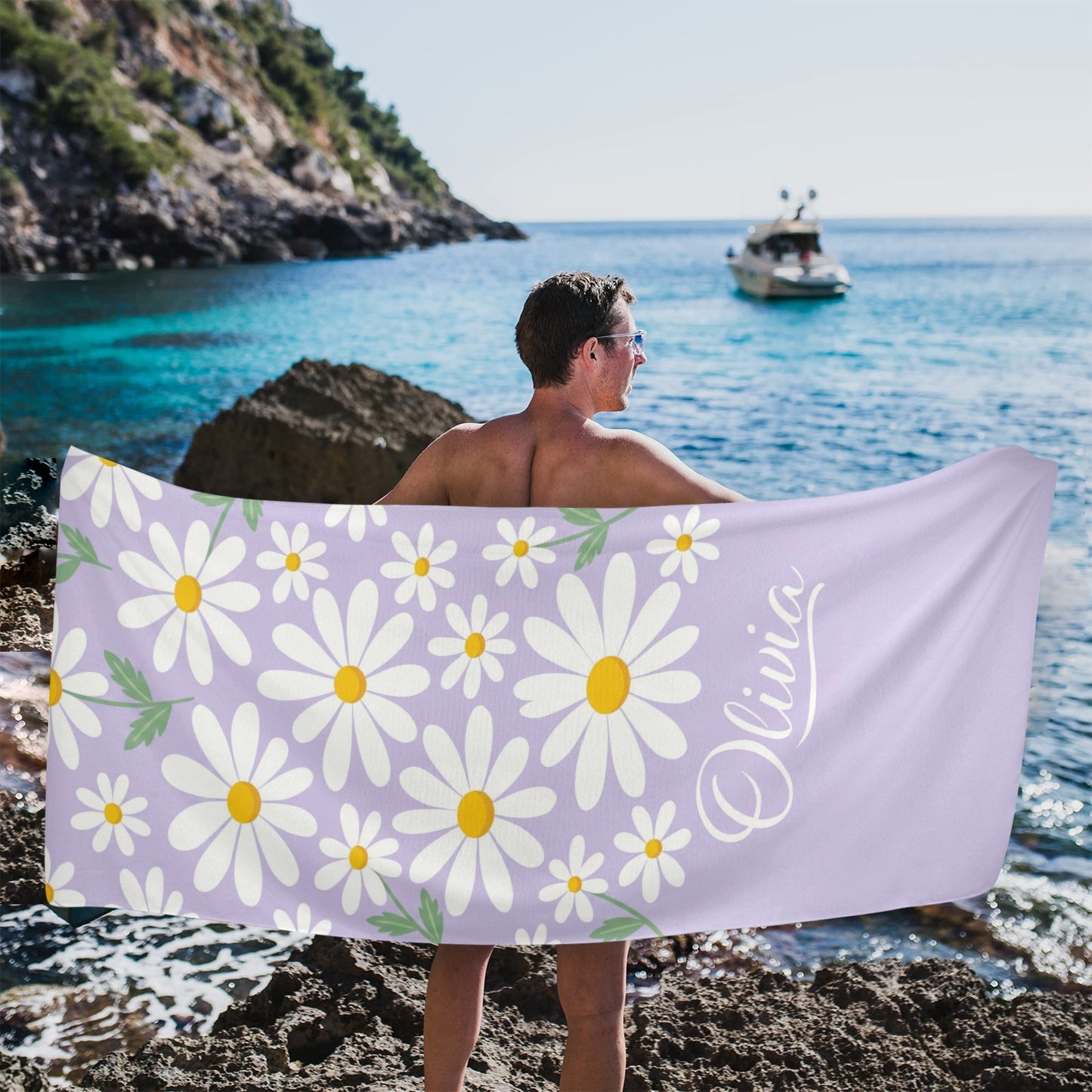 Daisy  Personalized Beach Towel, Custom Floral Customized Name Pool Microfiber Large Swim Quick Dry Kids Adult Men Women Cotton Blanket