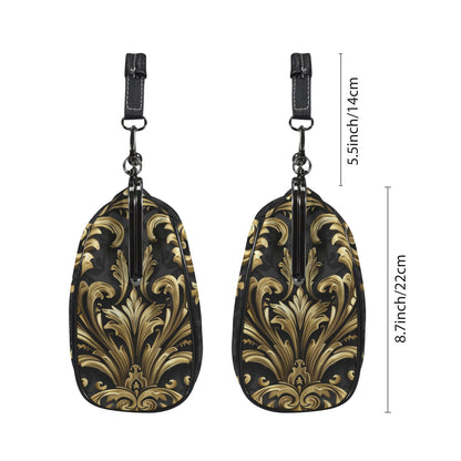 Baroque Kiss Lock Purse Handbag, Retro Black Ornate Gold Print Vegan Leather Vintage Designer Shoulder Crossbody Top Handle Clasp Bag