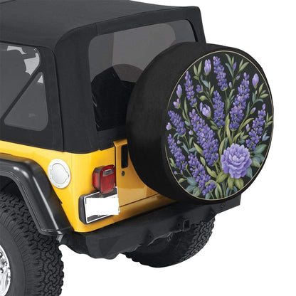 Purple Flowers Spare Tire Cover, Lilac Lavender Floral Faux Embroidery Print Floral Wheel Auto Car Backup Camera Hole Trailer Back Women RV