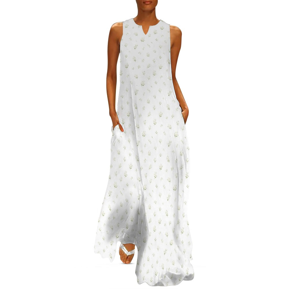 White Floral Maxi Sleeveless Dress, Flowers Party Handmade A Line Women Ladies Cocktail Pockets Long Plus Size Summer Wedding Sundress - Starcove Fashion