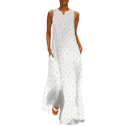 White Floral Maxi Sleeveless Dress, Flowers Party Handmade A Line Women Ladies Cocktail Pockets Long Plus Size Summer Wedding Sundress - Starcove Fashion