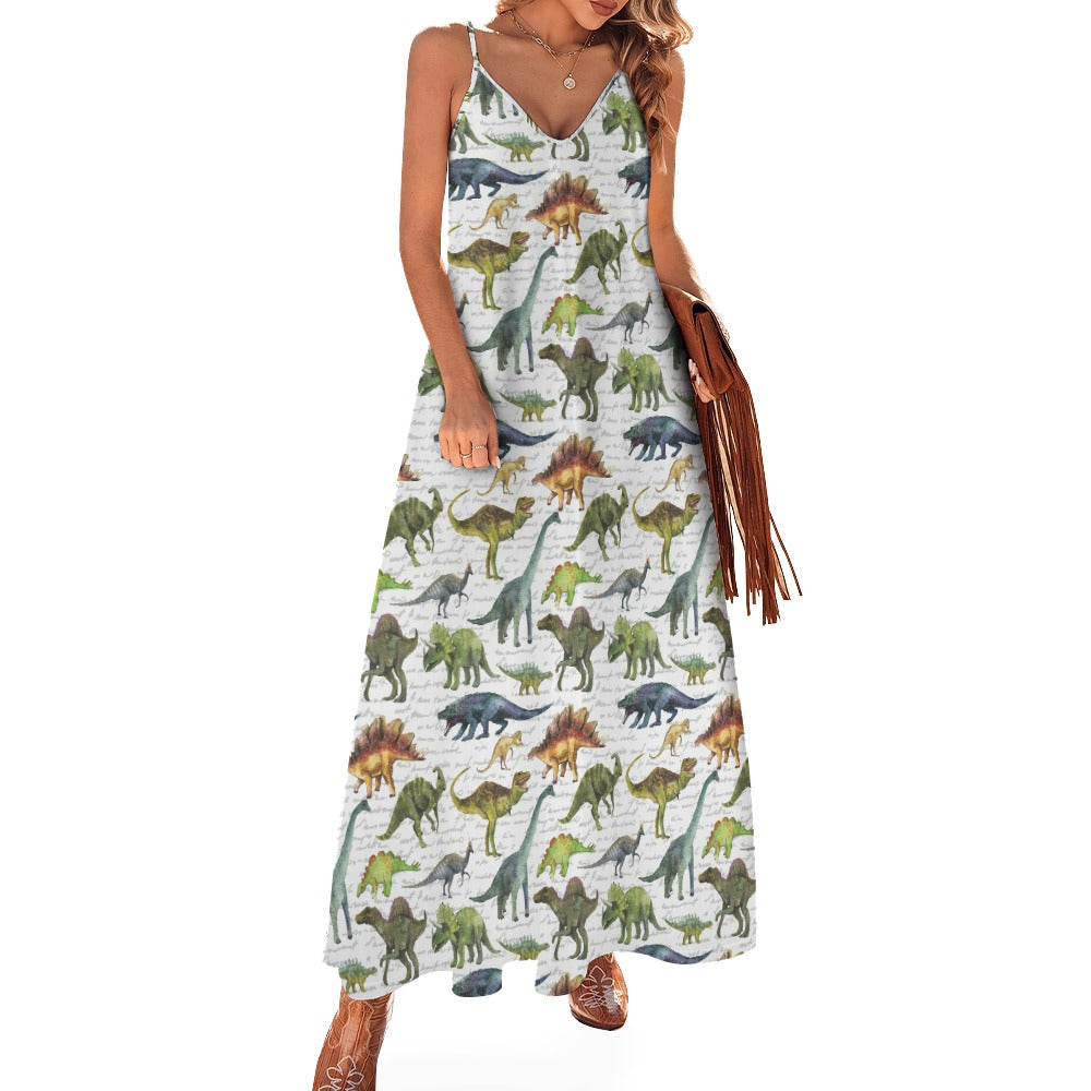 Dinosaur Maxi Dress, Dino Trex Long Spaghetti Straps Women Sleeveless Casual Cute Designer Elegant Plus Size Cocktail Party Summer