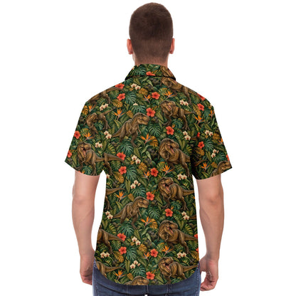 Dinosaur Men Button Up Shirt, T-Rex Dino Jungle Park Short Sleeve Print Casual Buttoned Down Summer Male Guys Collared Designer Dress copy