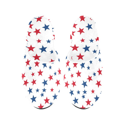 Red White Blue Stars Women's House Slide Slippers, Patriotic American USA Handmade Bedroom Cozy Winter Bedroom Shoes Gift for Her Loungewear