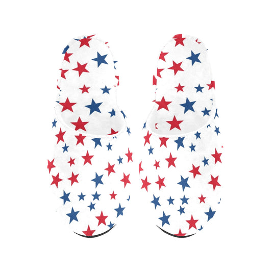 Red White Blue Stars Women's House Slide Slippers, Patriotic American USA Handmade Bedroom Cozy Winter Bedroom Shoes Gift for Her Loungewear
