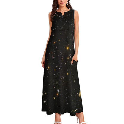 Galaxy Maxi Sleeveless Dress, Night Sky Print Black Space Star Constellation Fantasy Party Handmade Celestial Women Ladies Cocktail Pockets - Starcove Fashion