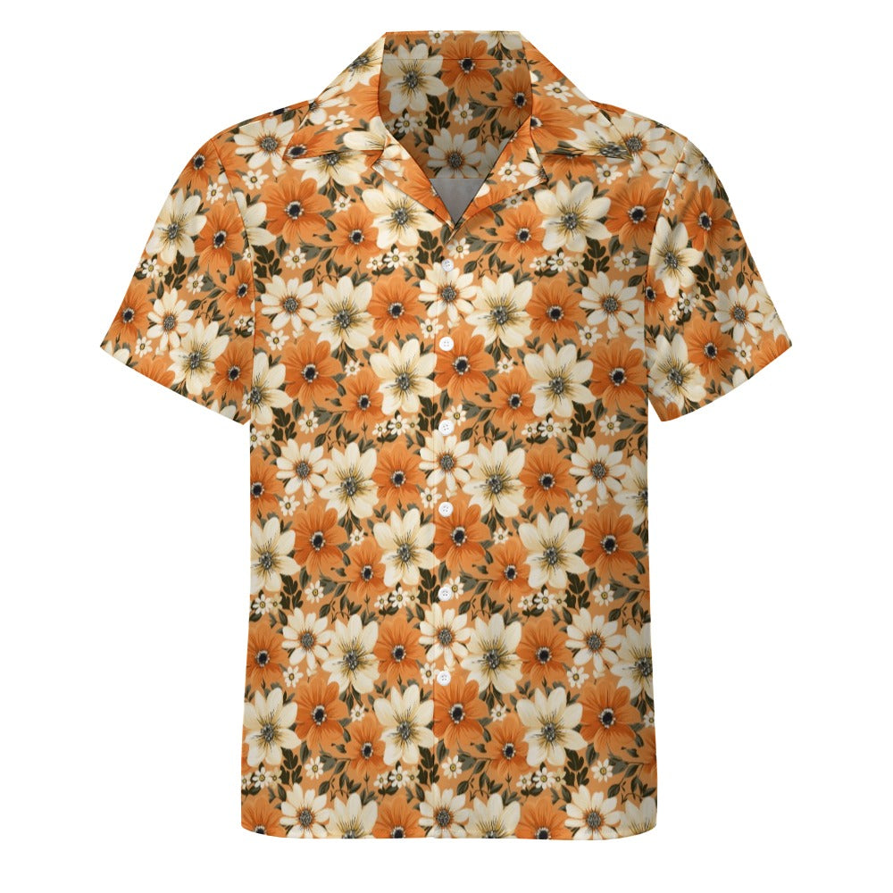 Retro Floral Men Button Up Shirt Wide Collared, Orange